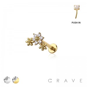 MULTI CZ TRIPLE FLOWER TOP THREADLESS (PUSH IN) 316L SURGICAL STEEL LABRET SET